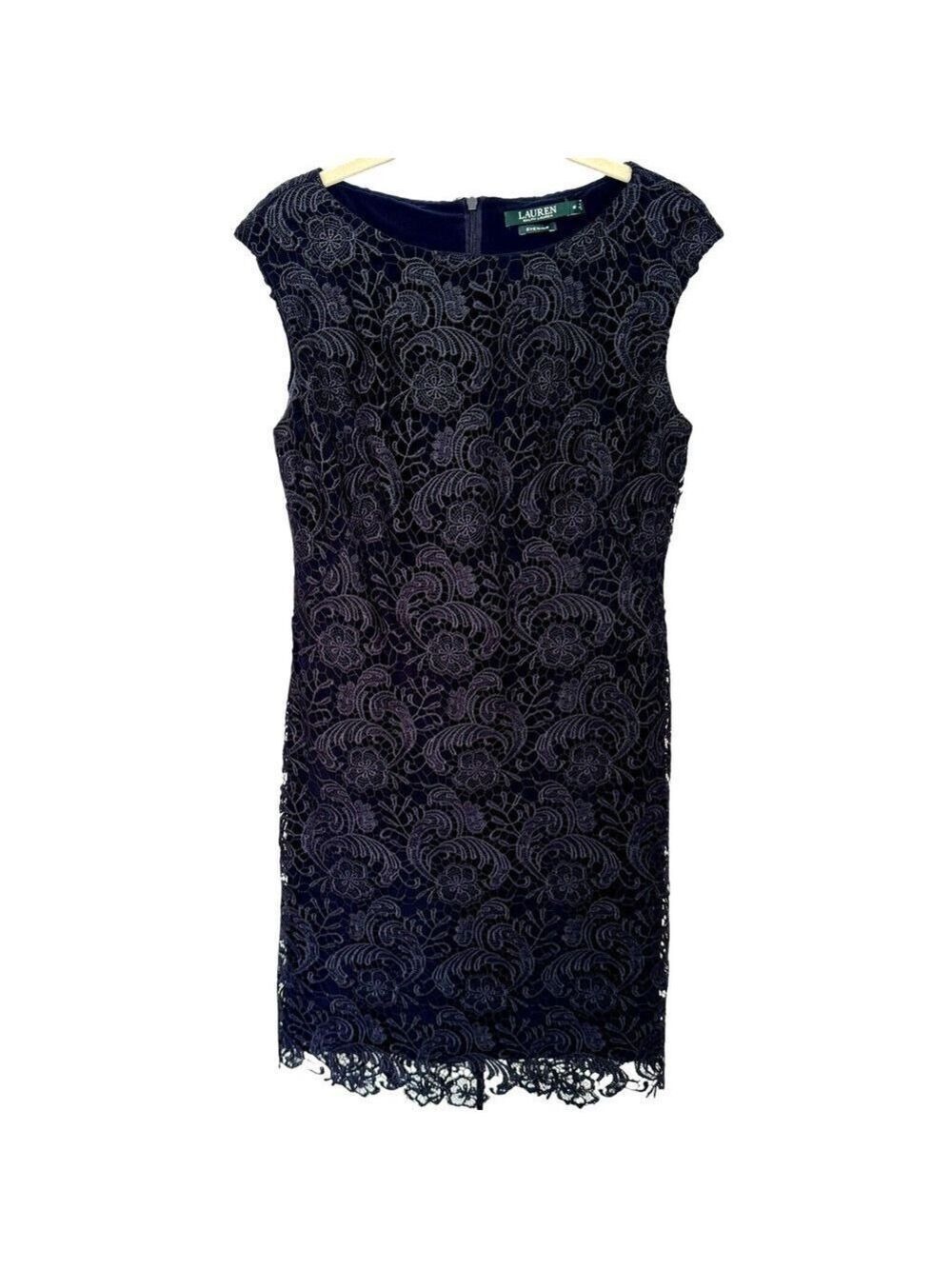 Lauren Ralph Lauren Evening Dress Lighthouse Navy Floral Lace Overlay Sz 8